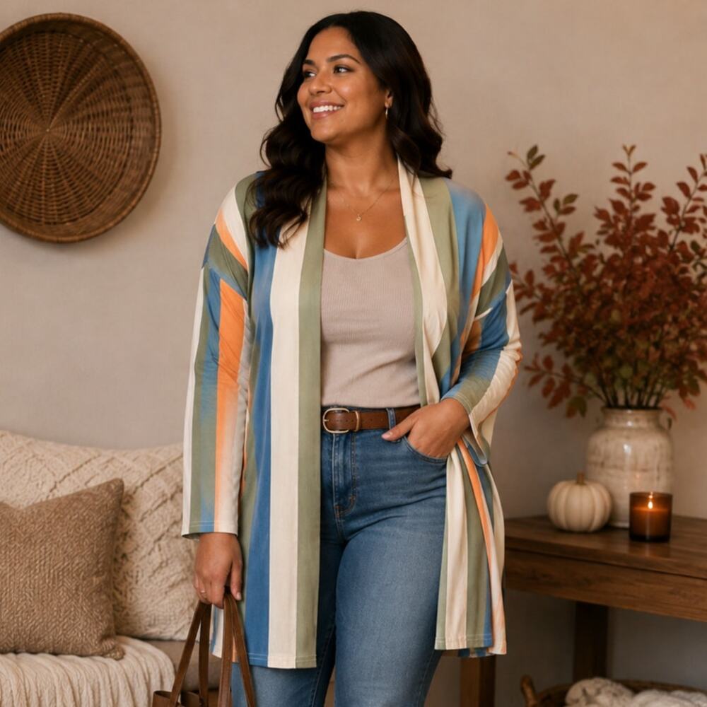 Women's Ribbed Striped Open Front Cardigan Plus Size 3XL